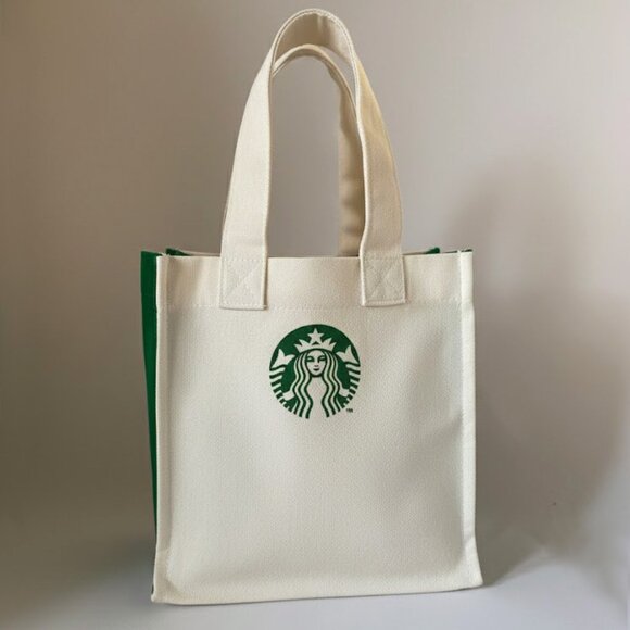 RARE! Starbucks Mini Tote Cream Canvas Green Logo 8"x7.5" Like NEW - Picture 2 of 6